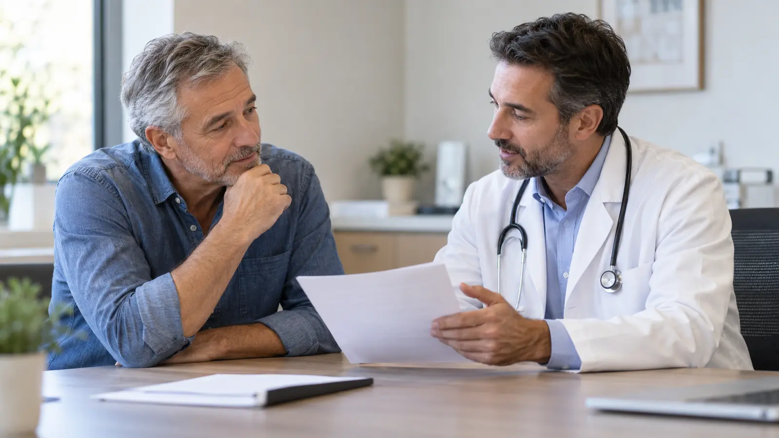 A man discussing a blood-test result with a clinician during a calm consultation